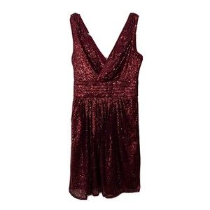 Kate Kasin Sequin Cocktail Wedding Party Midi Dress in Wine Red / Burgundy